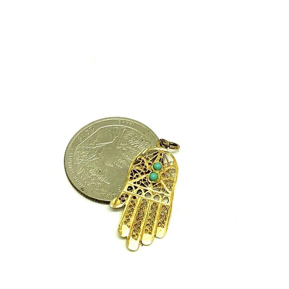 Hamsa Hand Protection Power Charm With Turquoise Stones 14K Yellow Gold … - Picture 7 of 9
